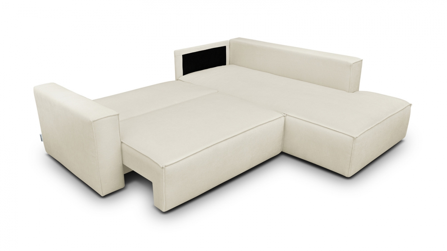 Canapé d'angle ouvert à droite convertible 3 places en tissu chenille beige - Emma