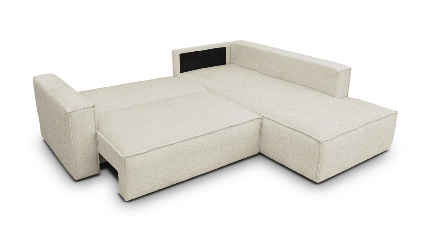 Canapé d'angle ouvert à droite convertible 3 places en tissu bouclé beige - Emma