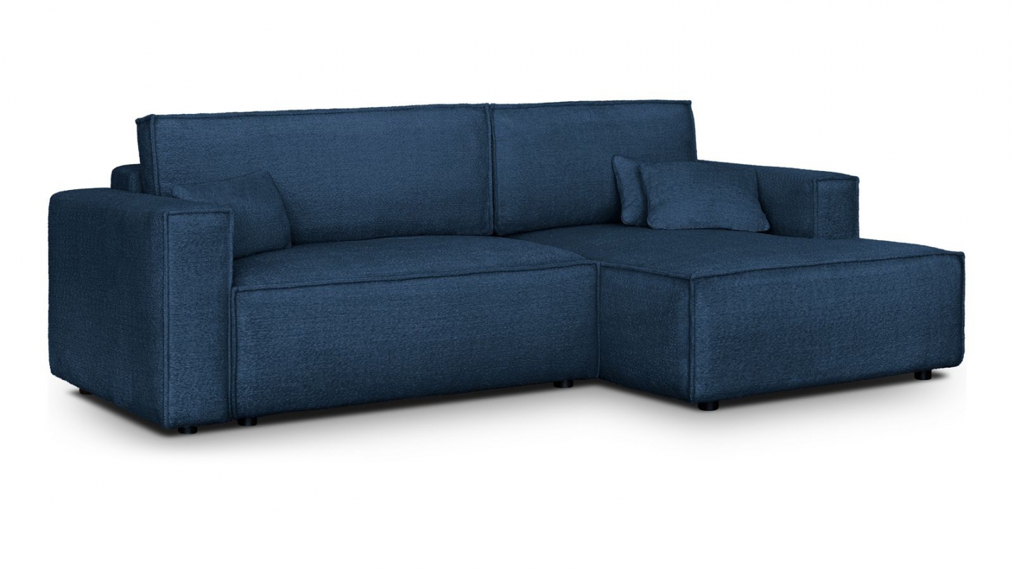 Canapé d'angle à droite convertible 3 places en tissu bouclé bleu foncé - Asti
