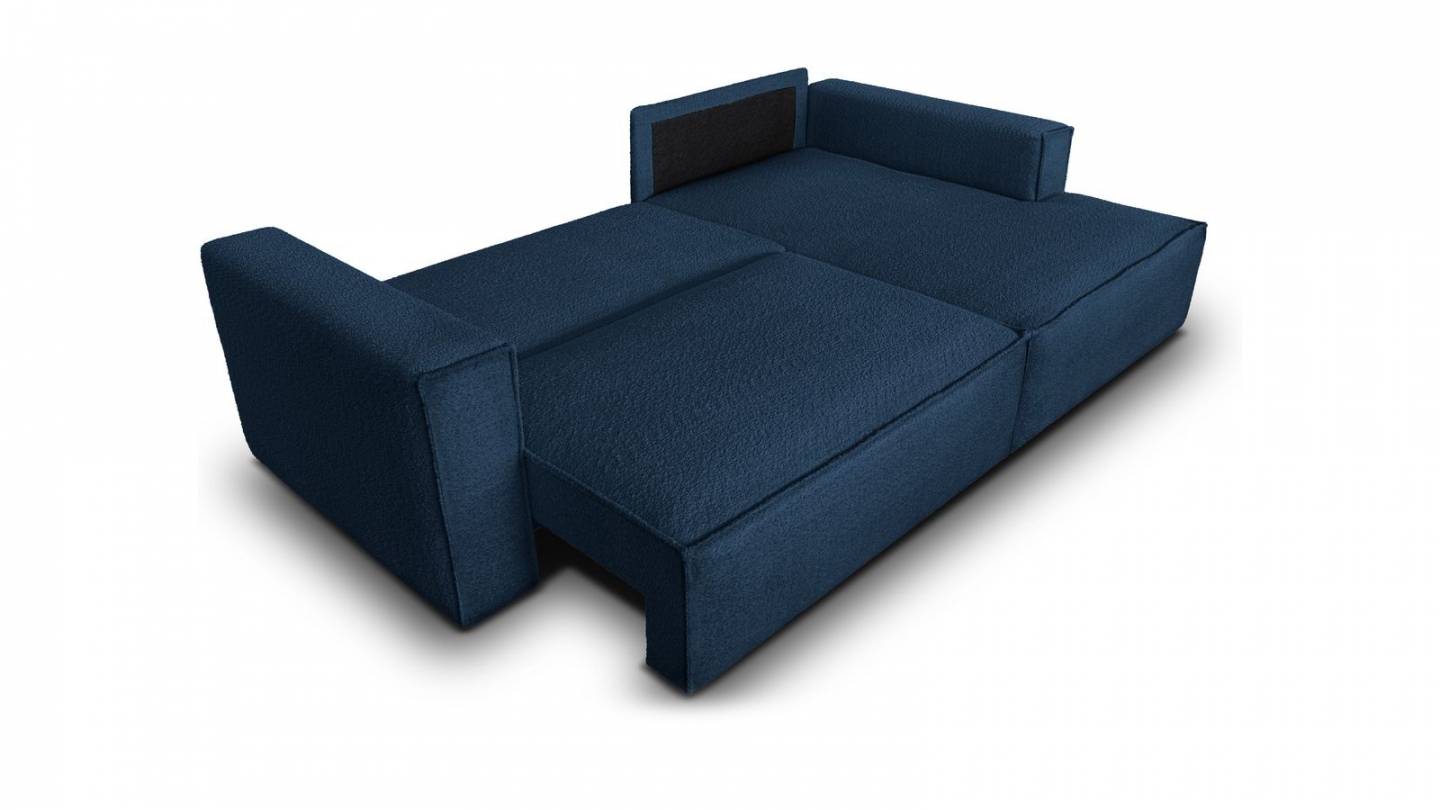 Canapé d'angle à droite convertible 3 places en tissu bouclé bleu foncé - Asti
