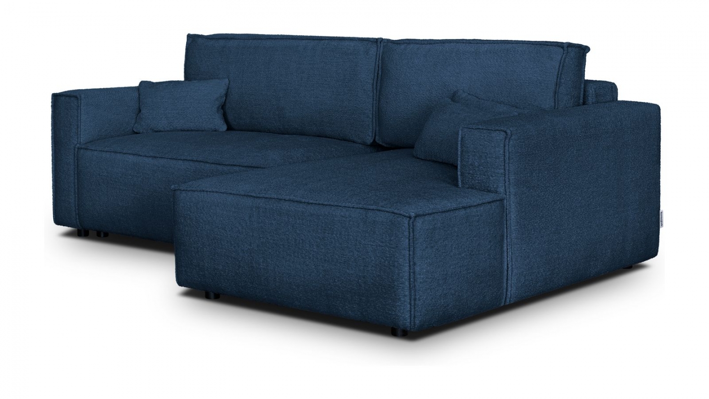 Canapé d'angle à droite convertible 3 places en tissu bouclé bleu foncé - Asti