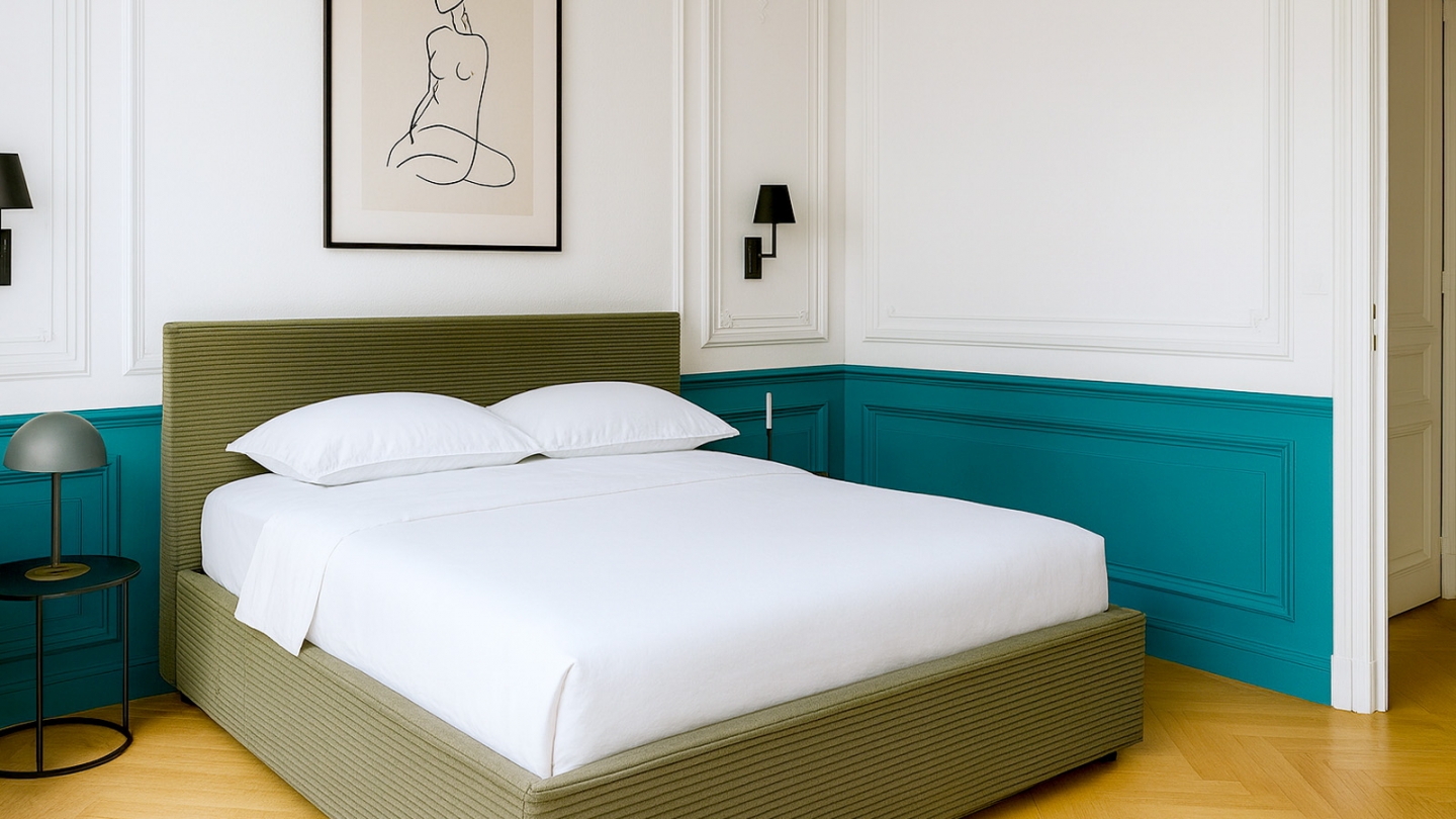 Lit coffre adulte 140x190 cm avec tête de lit capitonnée en velours côtelé vert et sommier - Tina