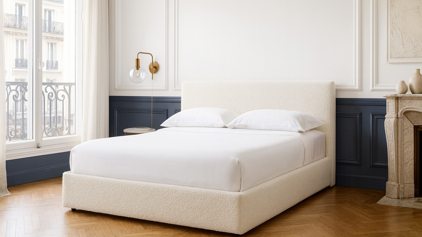 Lit coffre adulte 180x200 cm avec tête de lit capitonnée en tissu bouclé beige et sommier - Tina