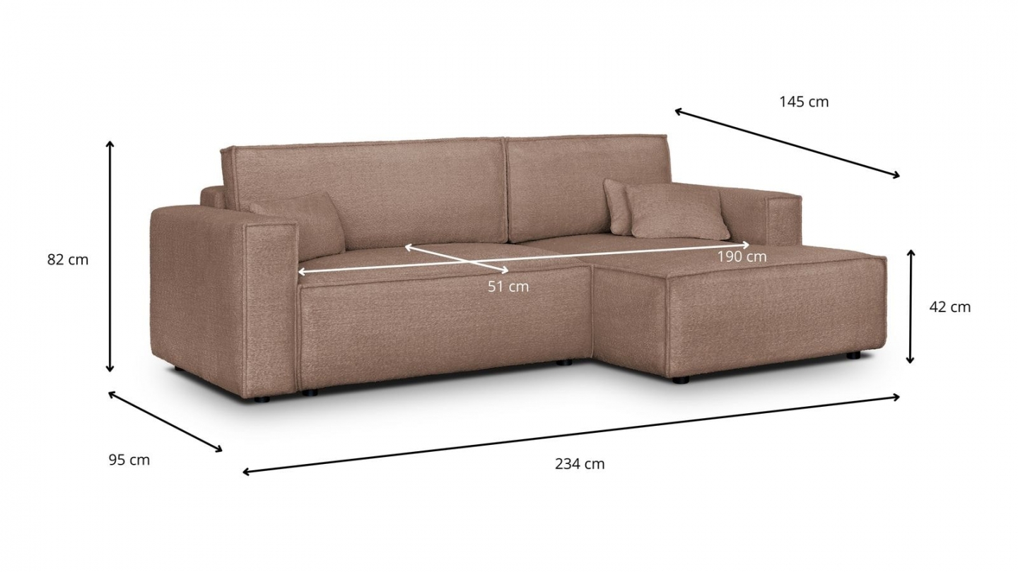 Canapé d'angle à droite convertible 3 places en tissu bouclé rose poudré - Asti