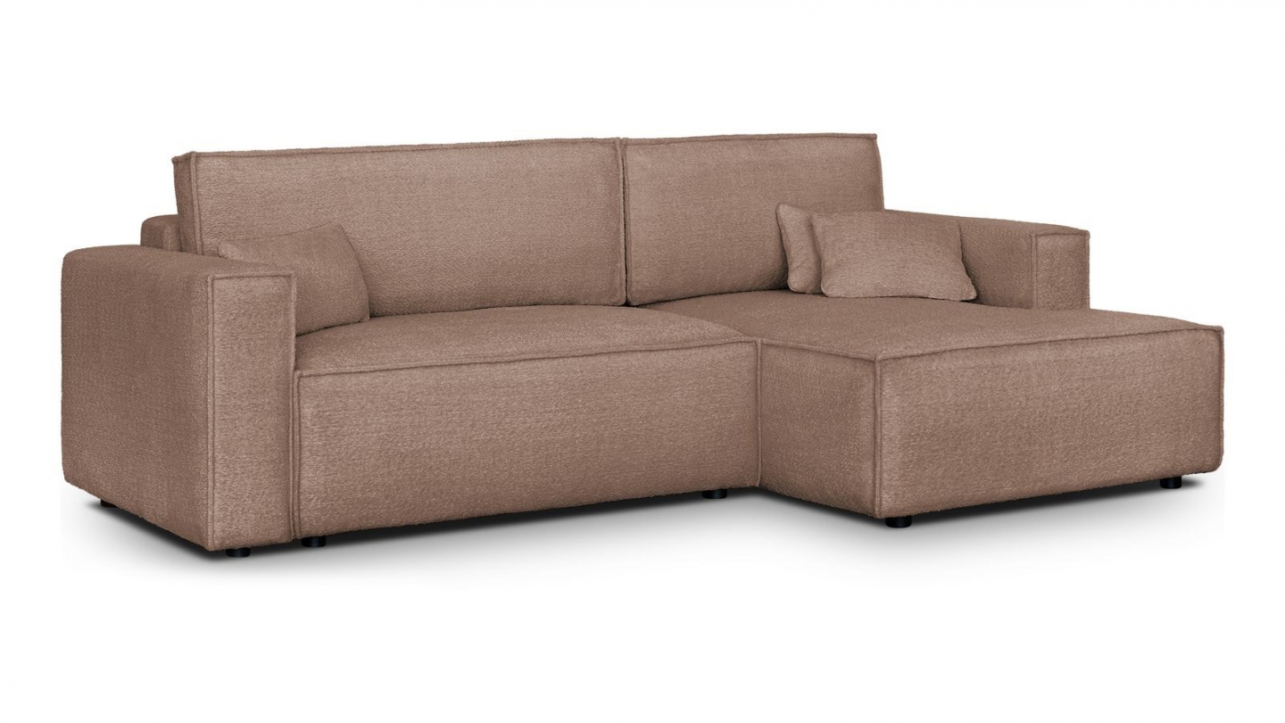 Canapé d'angle à droite convertible 3 places en tissu bouclé rose poudré - Asti