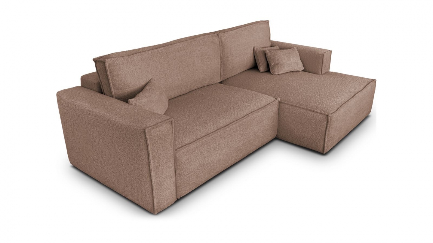 Canapé d'angle à droite convertible 3 places en tissu bouclé rose poudré - Asti