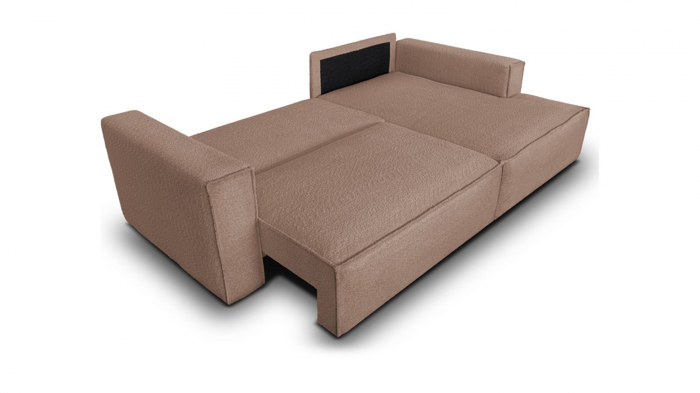 Canapé d'angle à droite convertible 3 places en tissu bouclé rose poudré - Asti