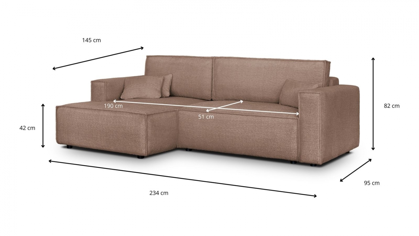 Canapé d'angle à gauche convertible 3 places en tissu bouclé rose poudré - Asti