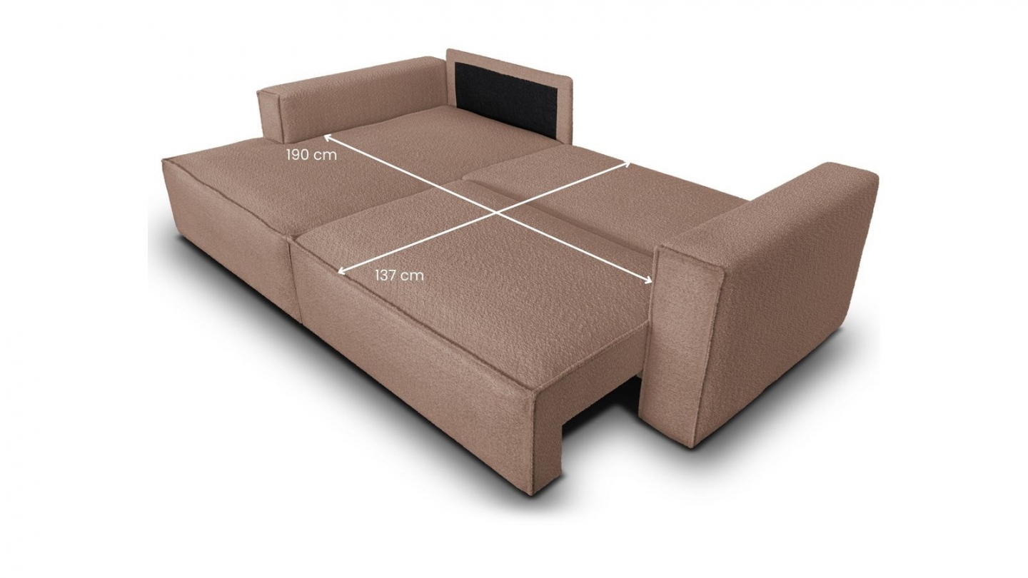 Canapé d'angle à gauche convertible 3 places en tissu bouclé rose poudré - Asti