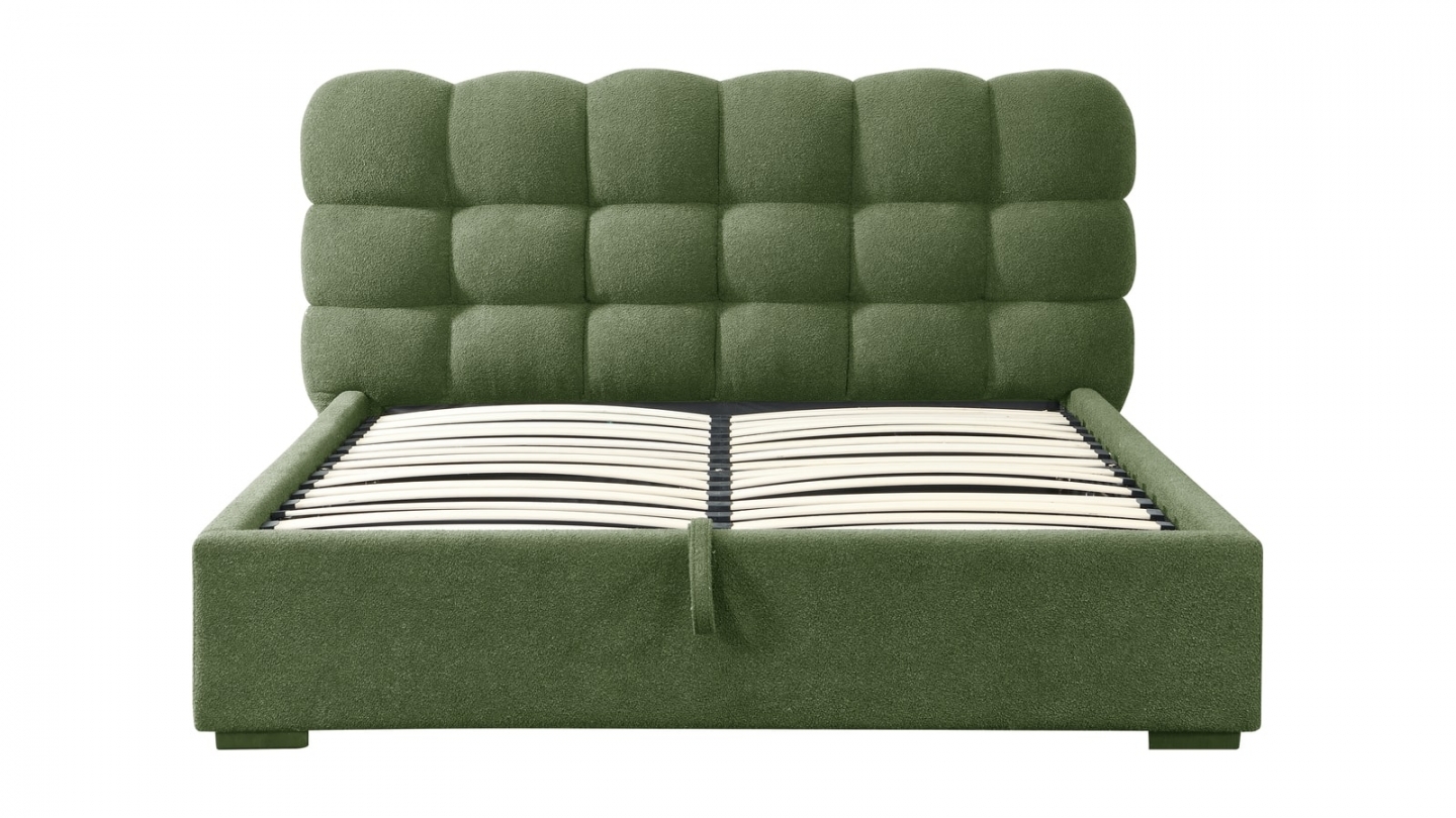 Lit coffre adulte 140x190 cm avec sommier et tête de lit capitonnée en tissu bouclé vert - Lola