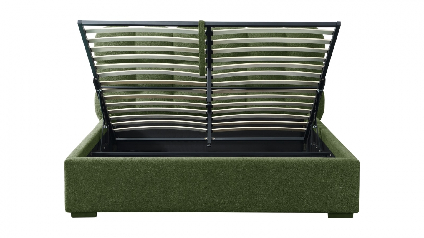 Lit coffre adulte 140x190 cm avec sommier et tête de lit capitonnée en tissu bouclé vert - Lola