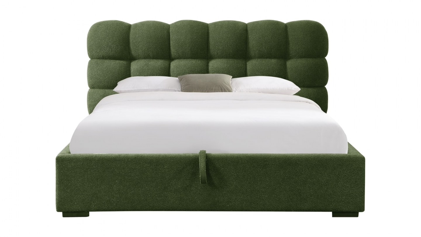 Lit coffre adulte 140x190 cm avec sommier et tête de lit capitonnée en tissu bouclé vert - Lola
