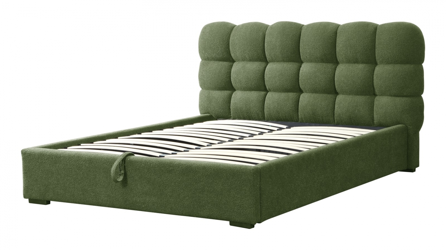 Lit coffre adulte 160x200 cm avec sommier et tête de lit capitonnée en tissu bouclé vert - Lola
