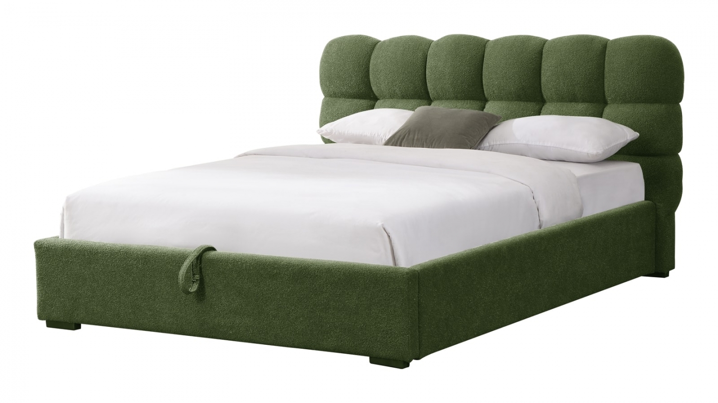 Lit coffre adulte 160x200 cm avec sommier et tête de lit capitonnée en tissu bouclé vert - Lola