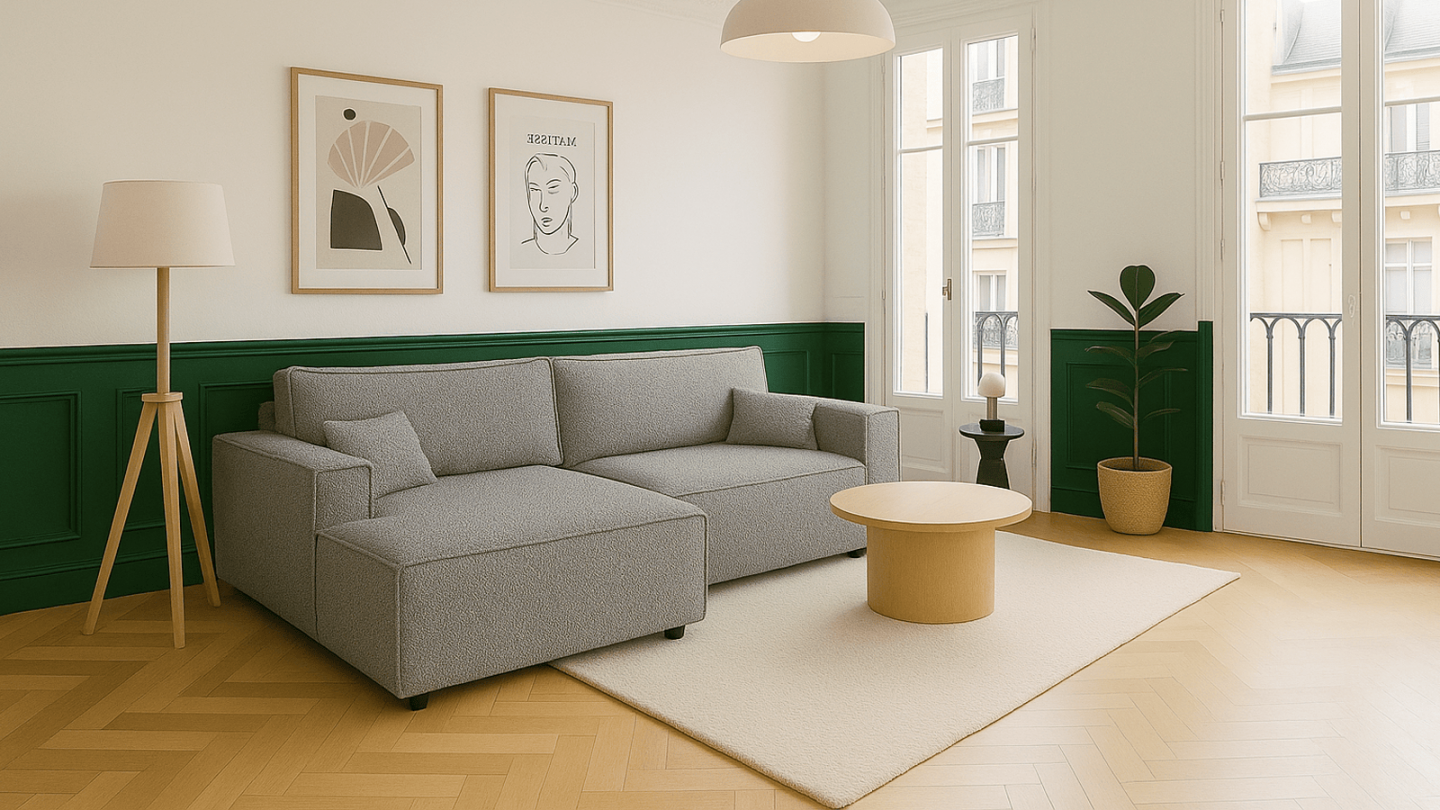 Canapé d'angle à gauche convertible 3 places en tissu bouclé gris clair - Asti