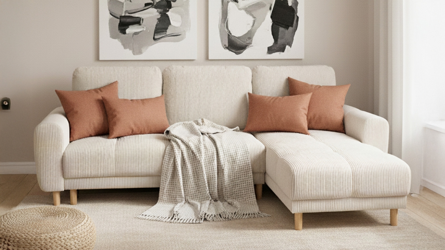 Canapé d'angle convertible réversible 3/4 places en velours côtelé beige - Alva