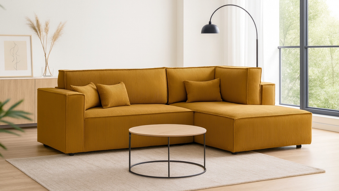 Canapé d'angle ouvert à droite convertible 3 places en velours côtelé jaune moutarde - Emma Canapé d'angle ouvert à droite convertible 3 places en velours côtelé jaune moutarde - Emma