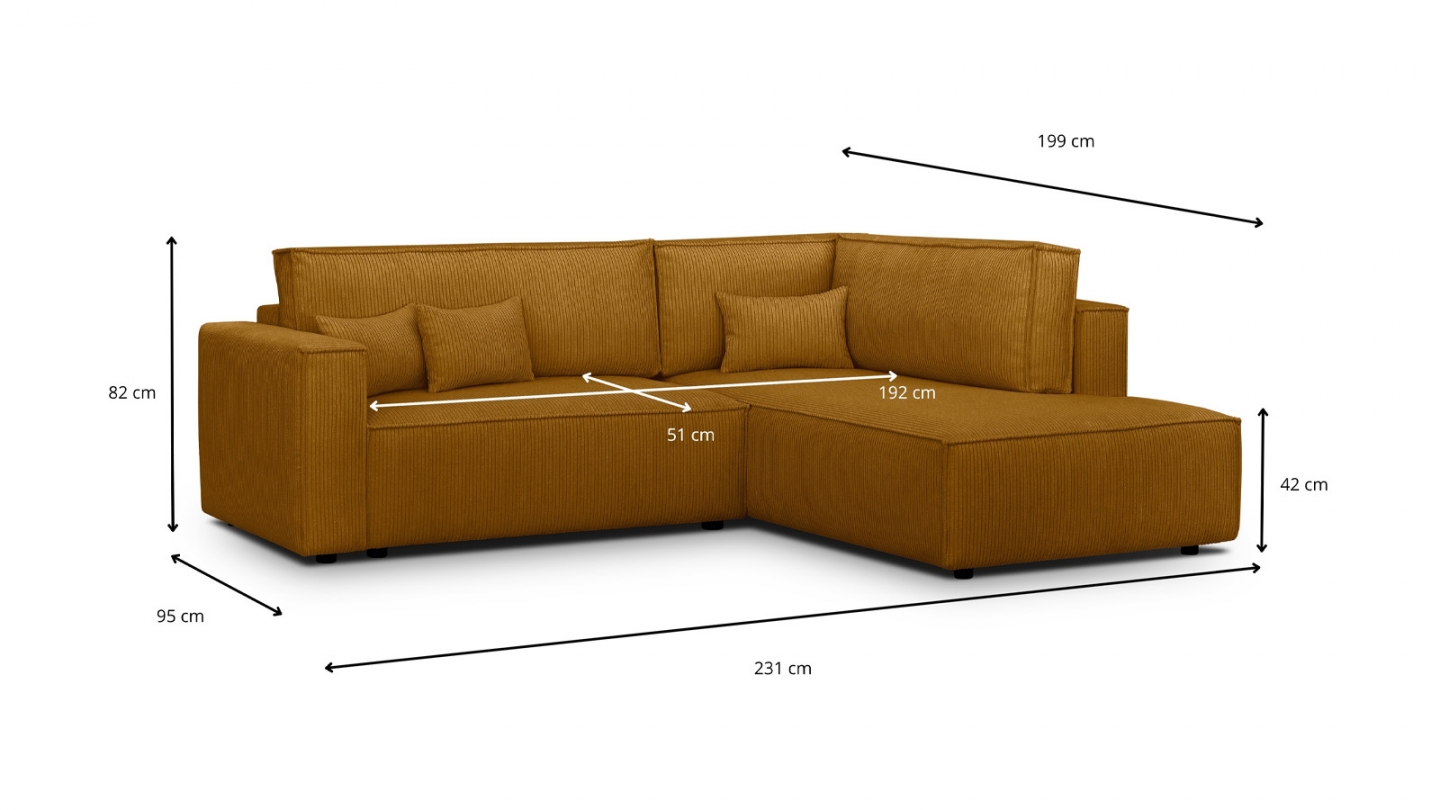 Canapé d'angle ouvert à droite convertible 3 places en velours côtelé jaune moutarde - Emma Canapé d'angle ouvert à droite convertible 3 places en velours côtelé jaune moutarde - Emma