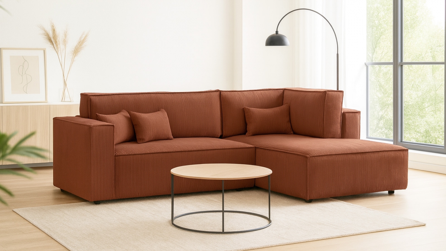 Canapé d'angle ouvert à droite convertible 3 places en velours côtelé rouille - Emma Canapé d'angle ouvert à droite convertible 3 places en velours côtelé rouille - Emma