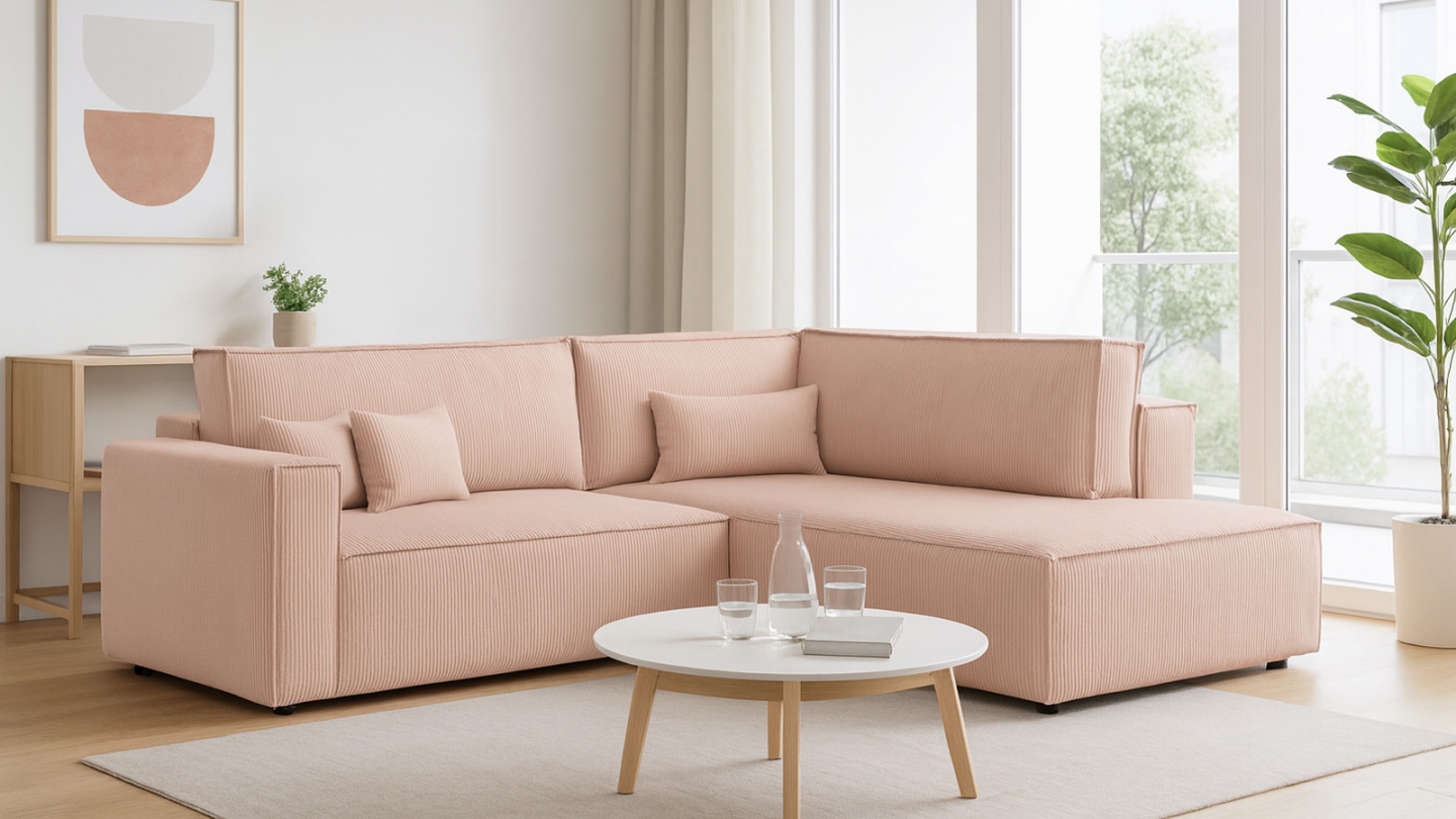 Canapé d'angle ouvert à droite convertible 3 places en velours côtelé rose pâle - Emma Canapé d'angle ouvert à droite convertible 3 places en velours côtelé rose pâle - Emma