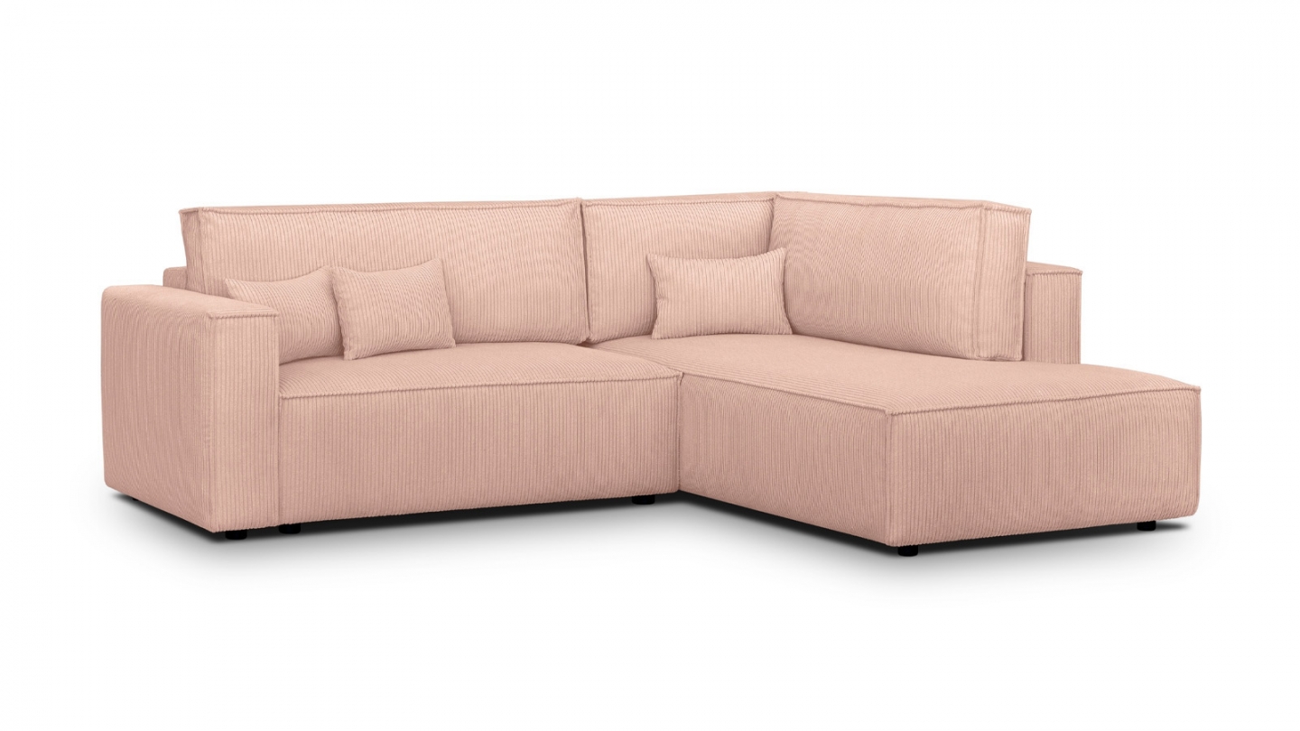 Canapé d'angle ouvert à droite convertible 3 places en velours côtelé rose pâle - Emma Canapé d'angle ouvert à droite convertible 3 places en velours côtelé rose pâle - Emma
