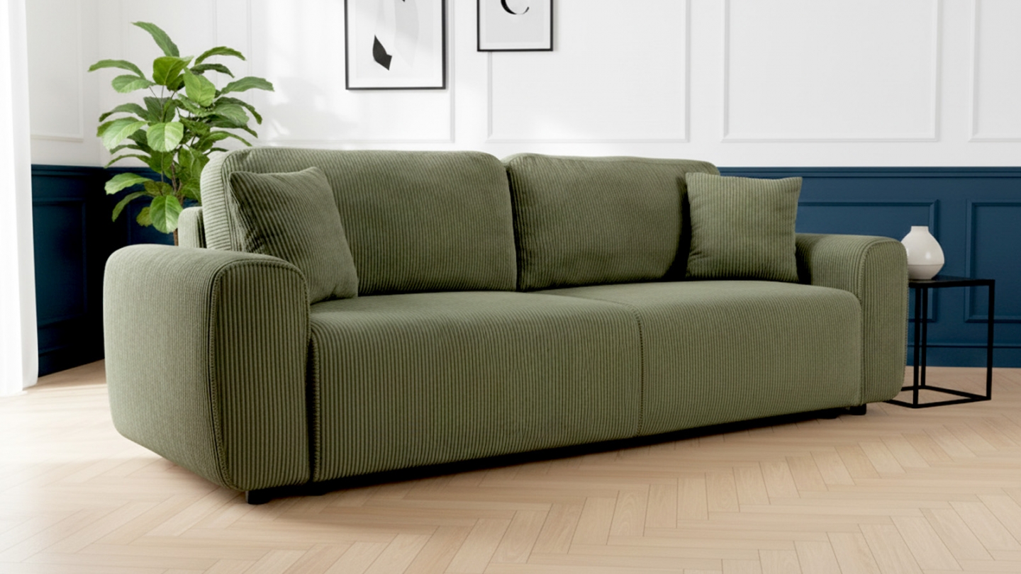 Canapé convertible 3 places en velours côtelé vert kaki - Grazia