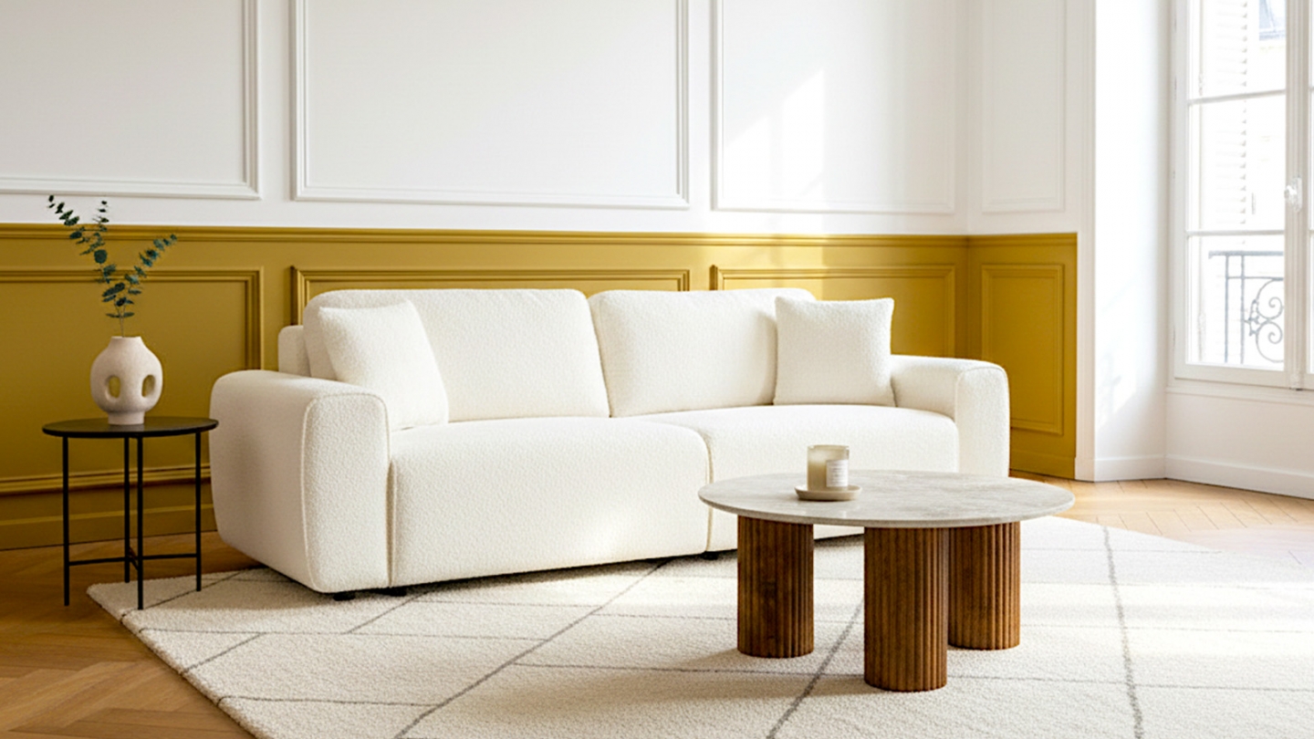 Canapé convertible 3 places en tissu bouclé beige - Grazia Canapé convertible 3 places en tissu bouclé beige - Grazia