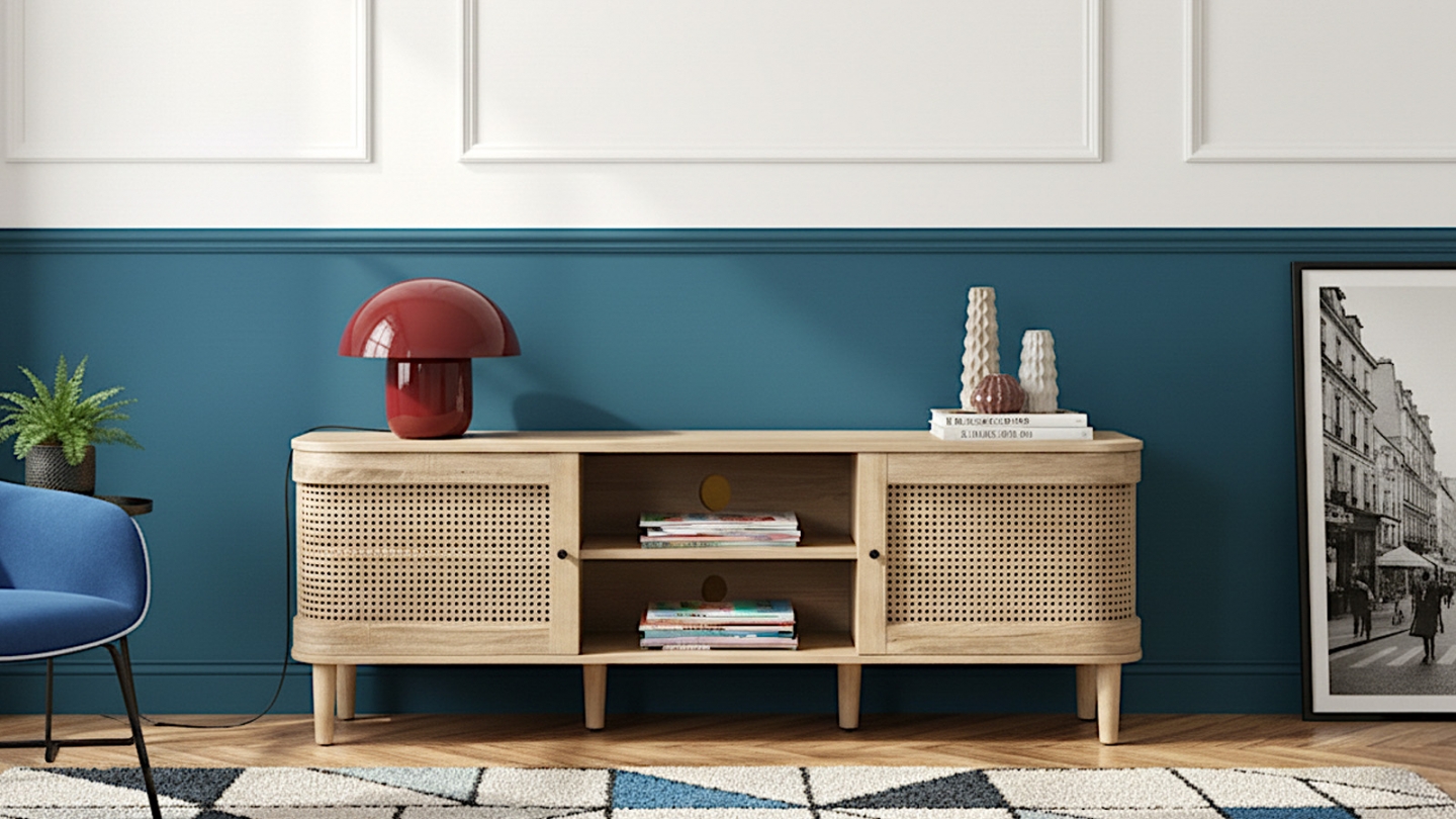 Meuble TV 2 portes couleur chêne et cannage 160 cm - Bali Meuble TV 2 portes couleur chêne et cannage 160 cm - Bali