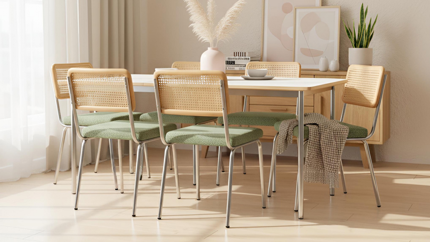 Lot de 2 chaises en métal chromé, cannage naturel et tissu bouclé vert - Paula Lot de 2 chaises en métal chromé, cannage naturel et tissu bouclé vert - Paula