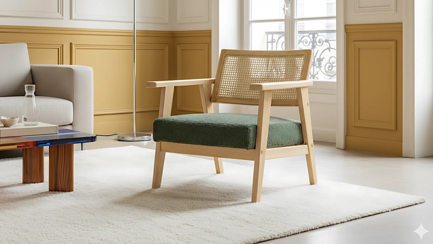 Fauteuil en tissu bouclé vert et cannage naturel - Tim