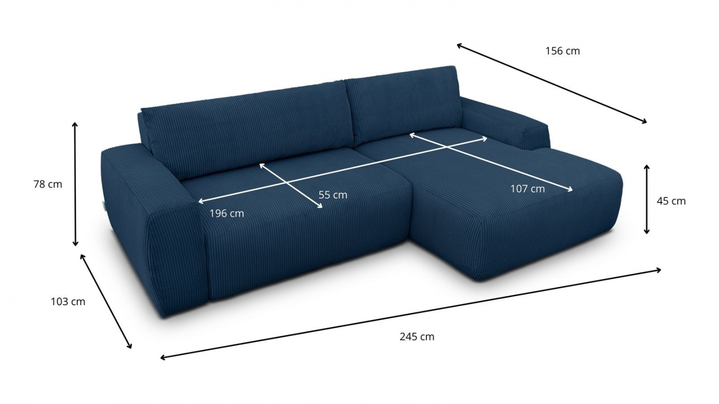 Canapé d'angle droit convertible 3 places en velours côtelé bleu - Sonny