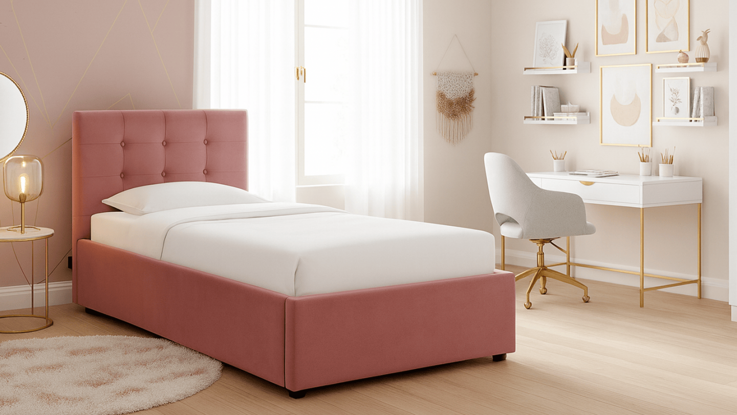 Lit coffre adulte 90x190 cm avec tête de lit capitonnée en velours rose et sommier - Tina