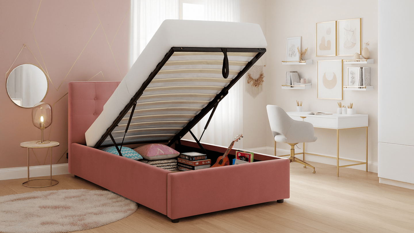 Lit coffre adulte 90x190 cm avec tête de lit capitonnée en velours rose et sommier - Tina