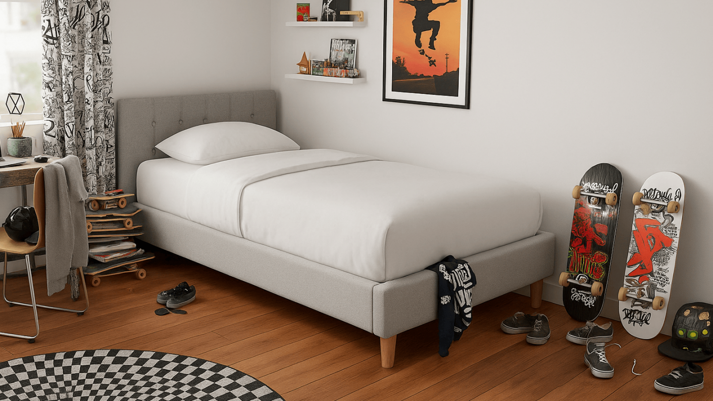 Lit adulte 90x190 cm avec tête de lit capitonnée en tissu gris chiné - Milo Lit adulte 90x190 cm avec tête de lit capitonnée en tissu gris chiné - Milo