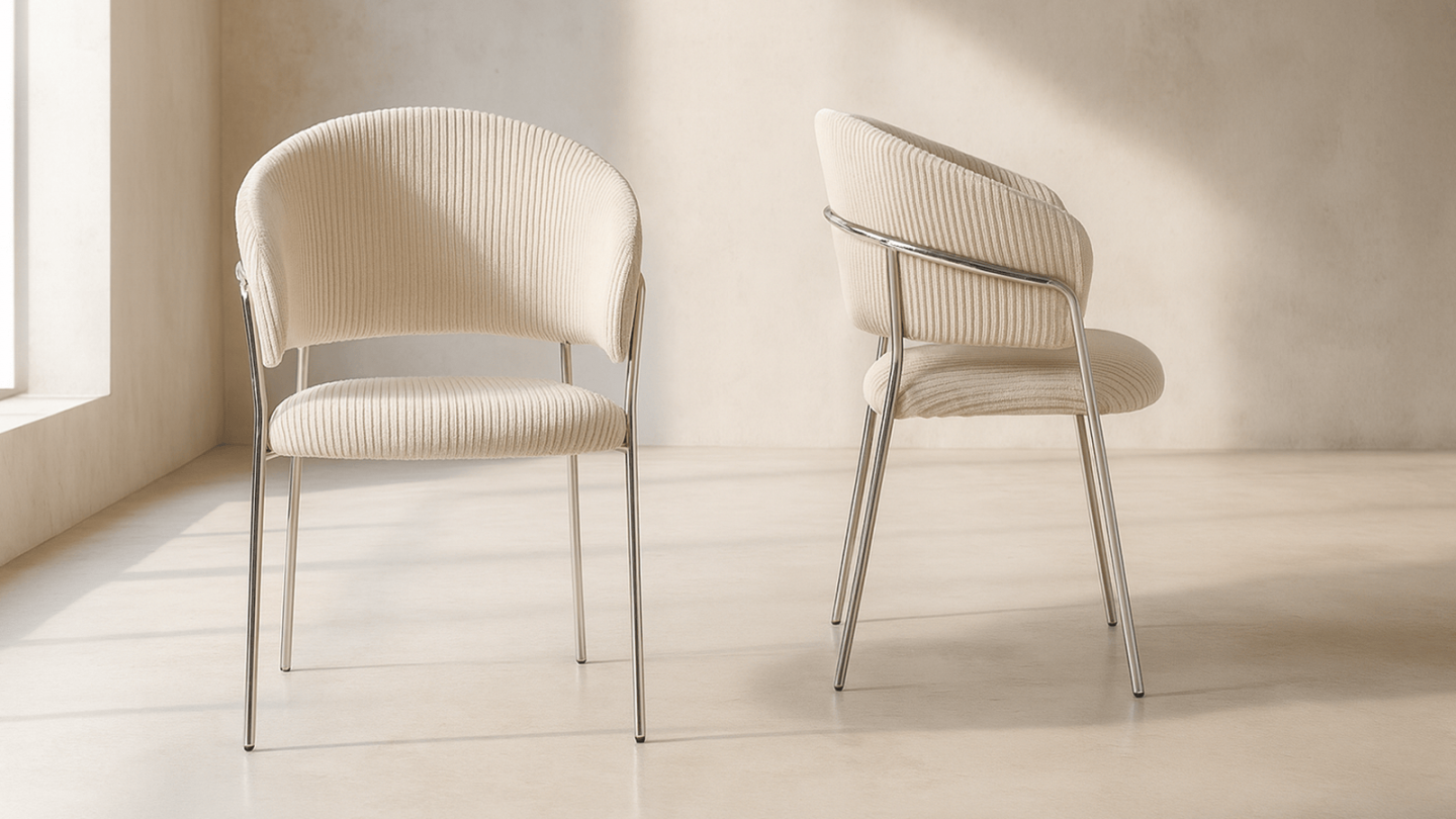Lot de 2 chaises en velours côtelé beige et piètement chromé - Isya Lot de 2 chaises en velours côtelé beige et piètement chromé - Isya