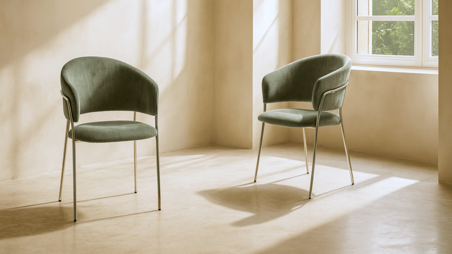 Lot de 2 chaises en velours côtelé vert kaki et piètement chromé - Isya