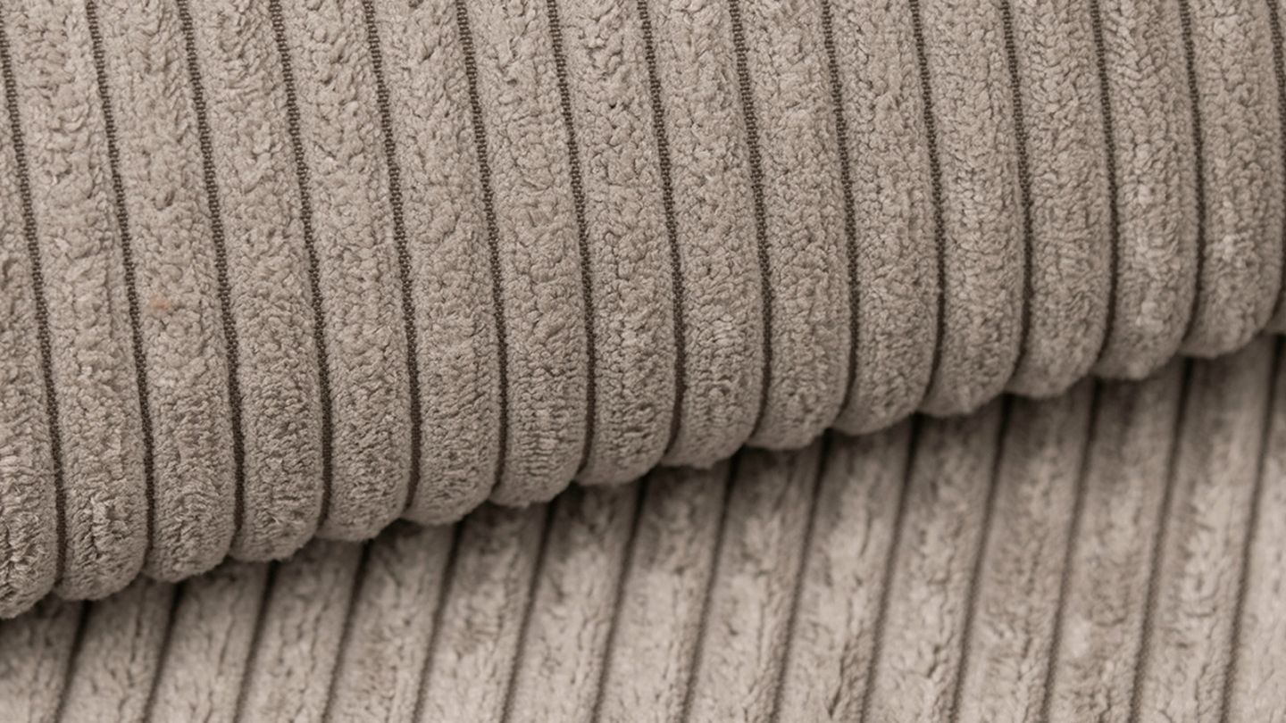 Canapé modulable panoramique 6 places avec méridienne à gauche + pouf en velours côtelé taupe - Modulo New