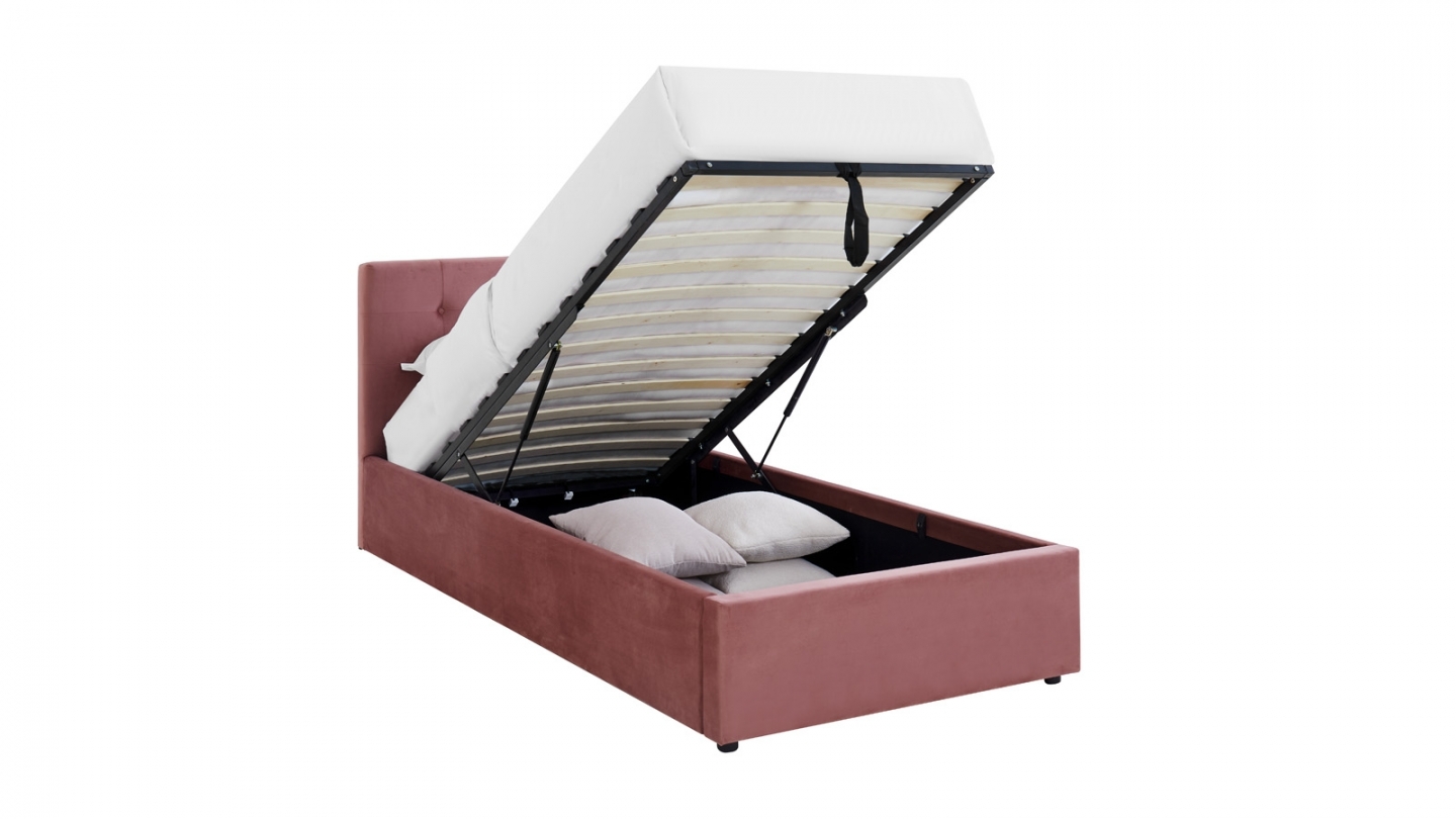 Ensemble Lit coffre adulte 90x190cm avec tête de lit en velours rose - Tina + Matelas mémoire de forme - Memo HR