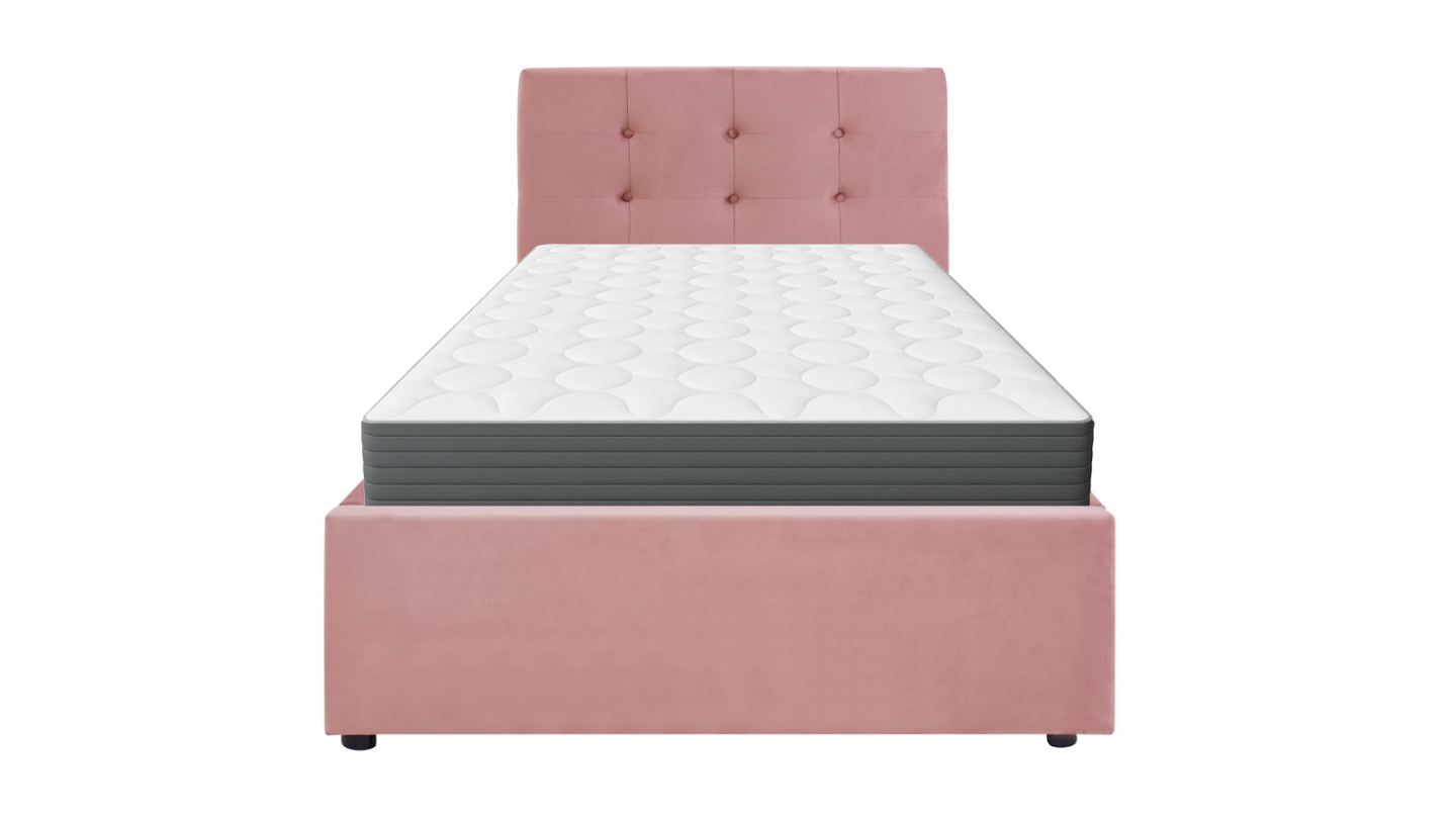 Ensemble Lit coffre adulte 90x190cm avec tête de lit en velours rose - Tina + Matelas mémoire de forme - Memo HR