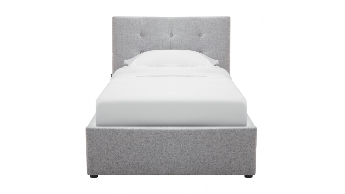 Ensemble Lit coffre adulte 90x190cm avec tête de lit en tissu gris - Tina + Matelas mémoire de forme - Memo HR