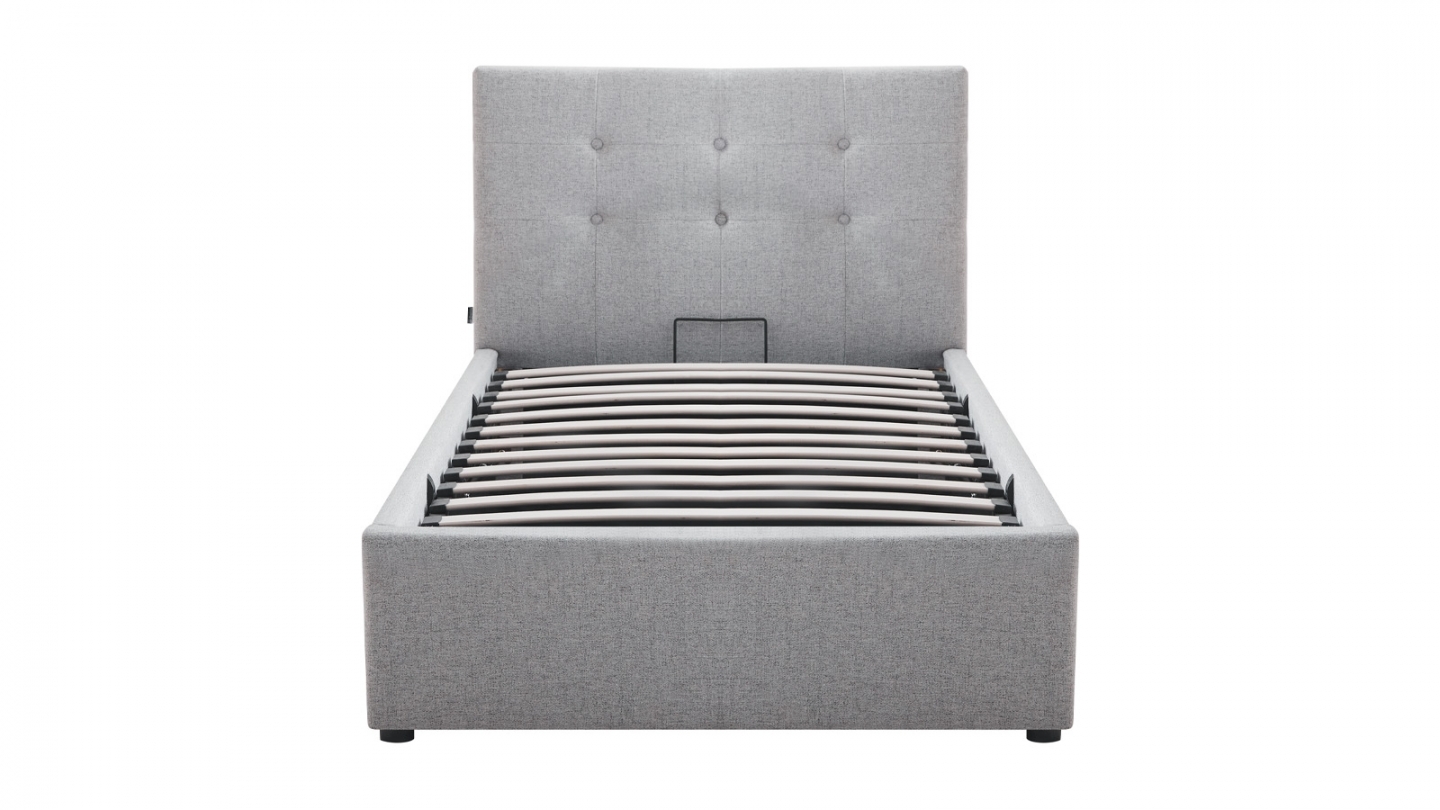 Ensemble Lit coffre adulte 90x190cm avec tête de lit en tissu gris - Tina + Matelas mémoire de forme - Memo HR