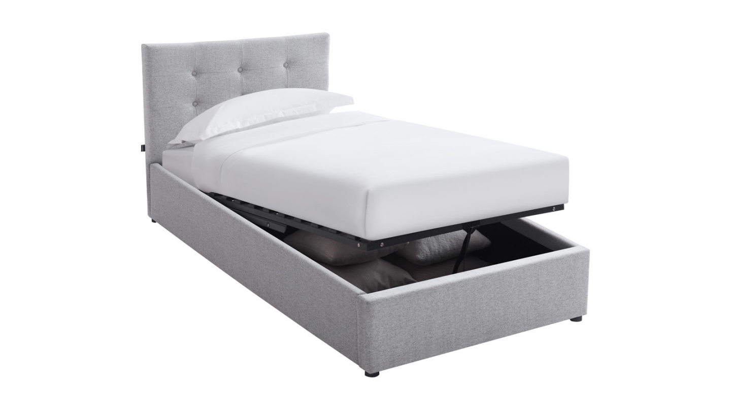 Ensemble Lit coffre adulte 90x190cm avec tête de lit en tissu gris - Tina + Matelas mémoire de forme - Memo HR