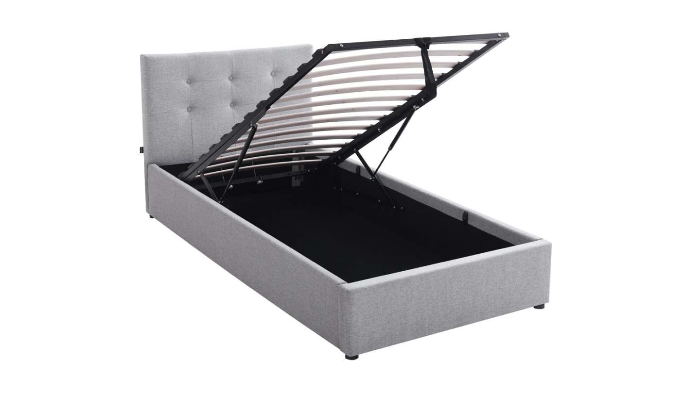 Ensemble Lit coffre adulte 90x190cm avec tête de lit en tissu gris - Tina + Matelas mémoire de forme - Memo HR