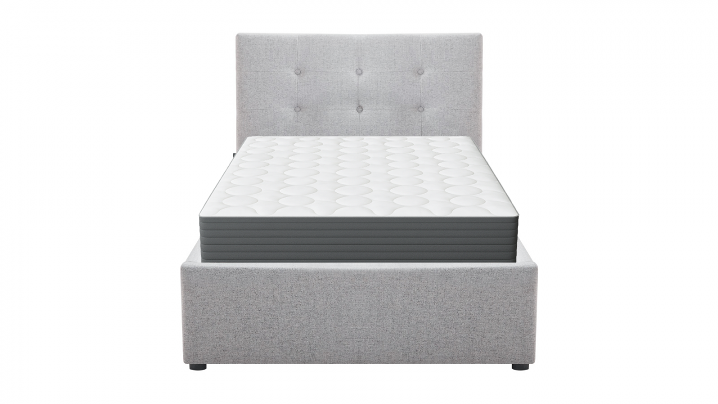 Ensemble Lit coffre adulte 90x190cm avec tête de lit en tissu gris - Tina + Matelas mémoire de forme - Memo HR
