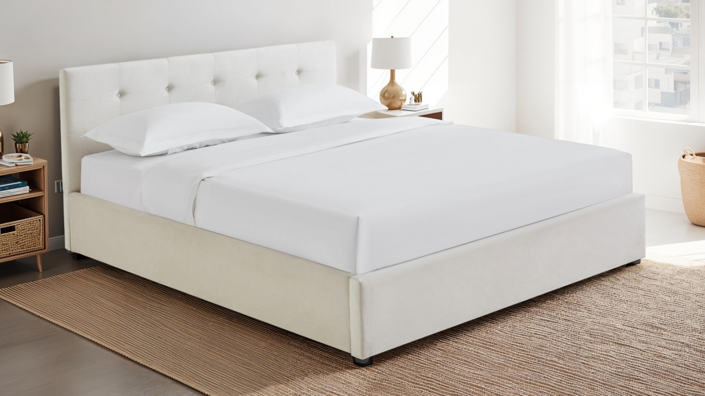 Ensemble Lit coffre adulte 140x190cm avec tête de lit en velours beige - Tina + Matelas mémoire de forme - Memo HR
