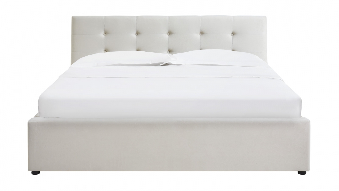 Ensemble Lit coffre adulte 140x190cm avec tête de lit en velours beige - Tina + Matelas mémoire de forme - Memo HR
