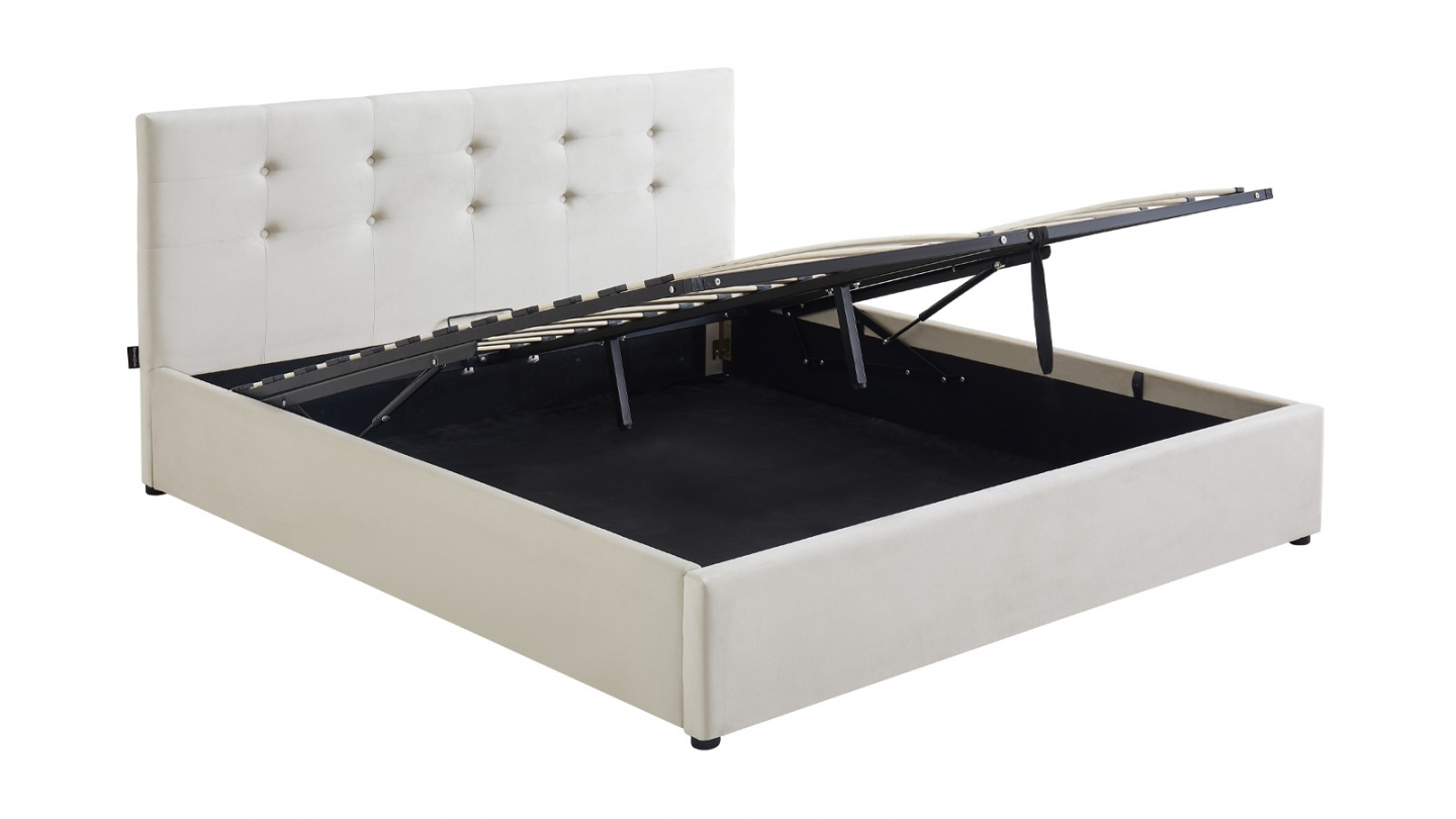 Ensemble Lit coffre adulte 140x190cm avec tête de lit en velours beige - Tina + Matelas mémoire de forme - Memo HR