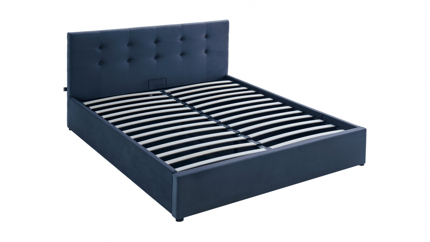 Ensemble Lit coffre adulte 140x190cm avec tête de lit en velours gris foncé - Tina + Matelas mémoire de forme - Memo HR
