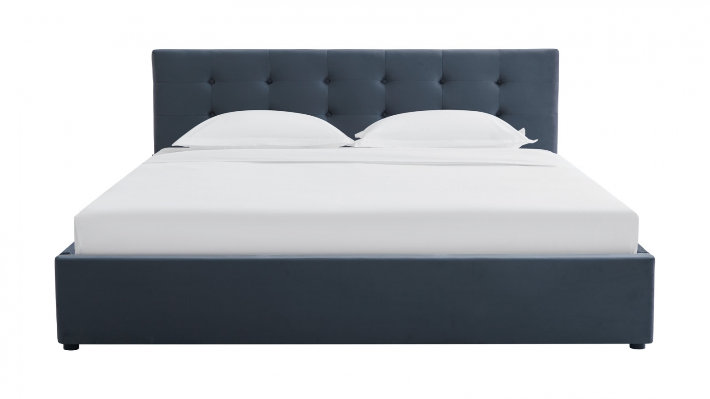 Ensemble Lit coffre adulte 140x190cm avec tête de lit en velours gris foncé - Tina + Matelas mémoire de forme - Memo HR