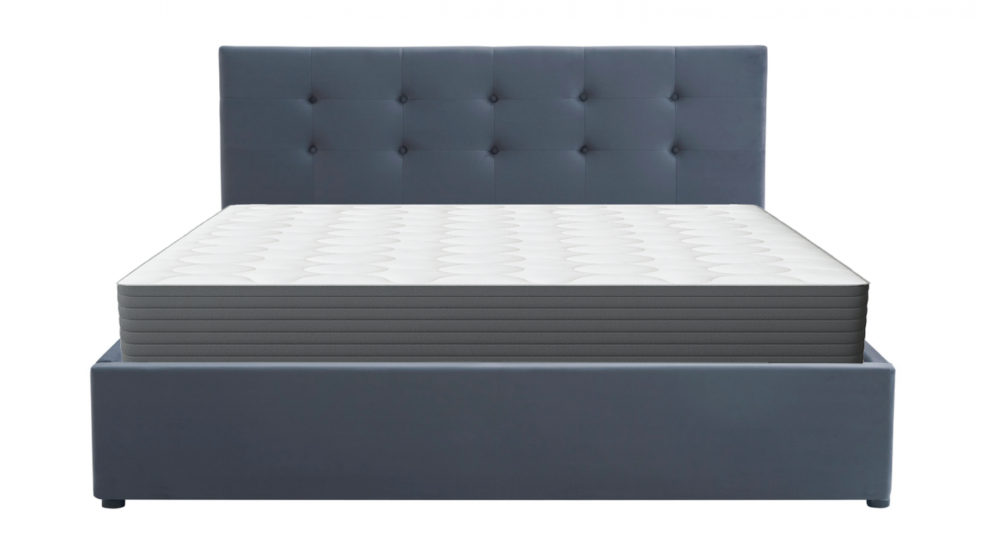 Ensemble Lit coffre adulte 140x190cm avec tête de lit en velours gris foncé - Tina + Matelas mémoire de forme - Memo HR